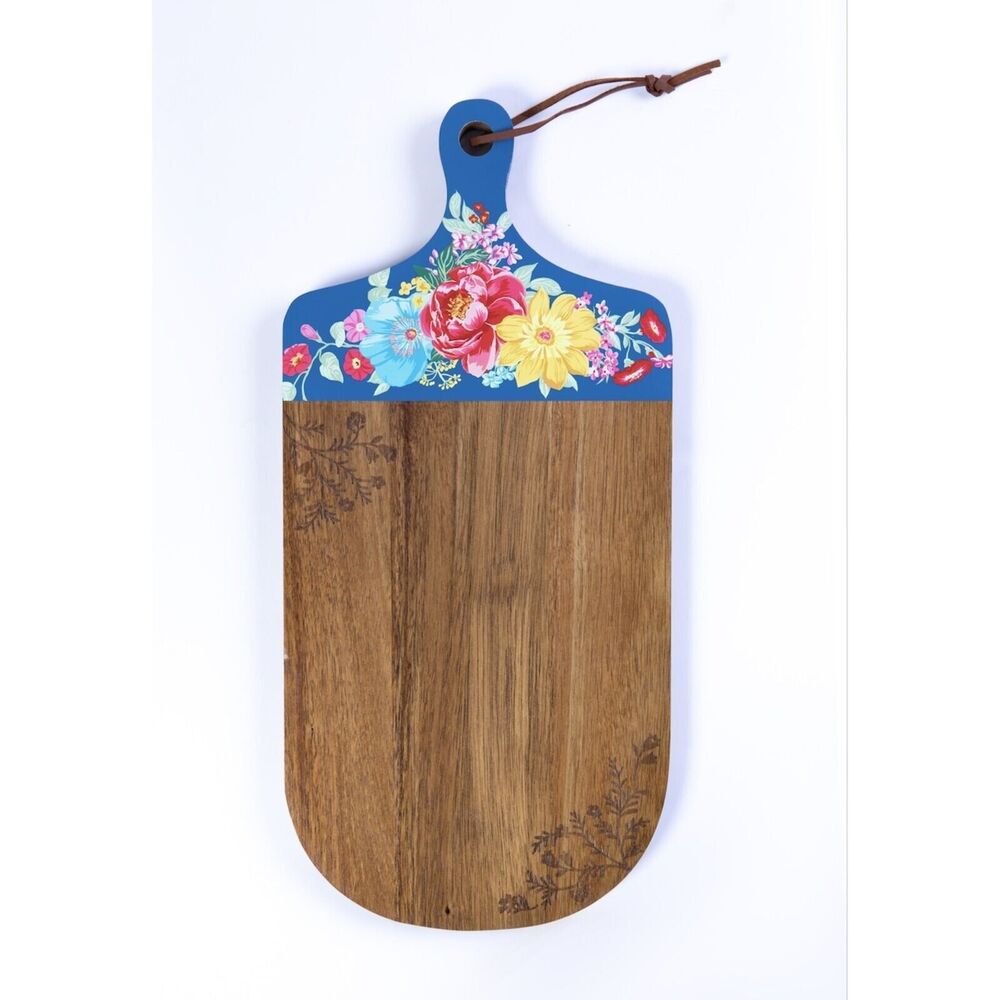 Pioneer Woman Acacia Wood Paddle Blue Floral Charcuterie Cutting Board Gift NEW